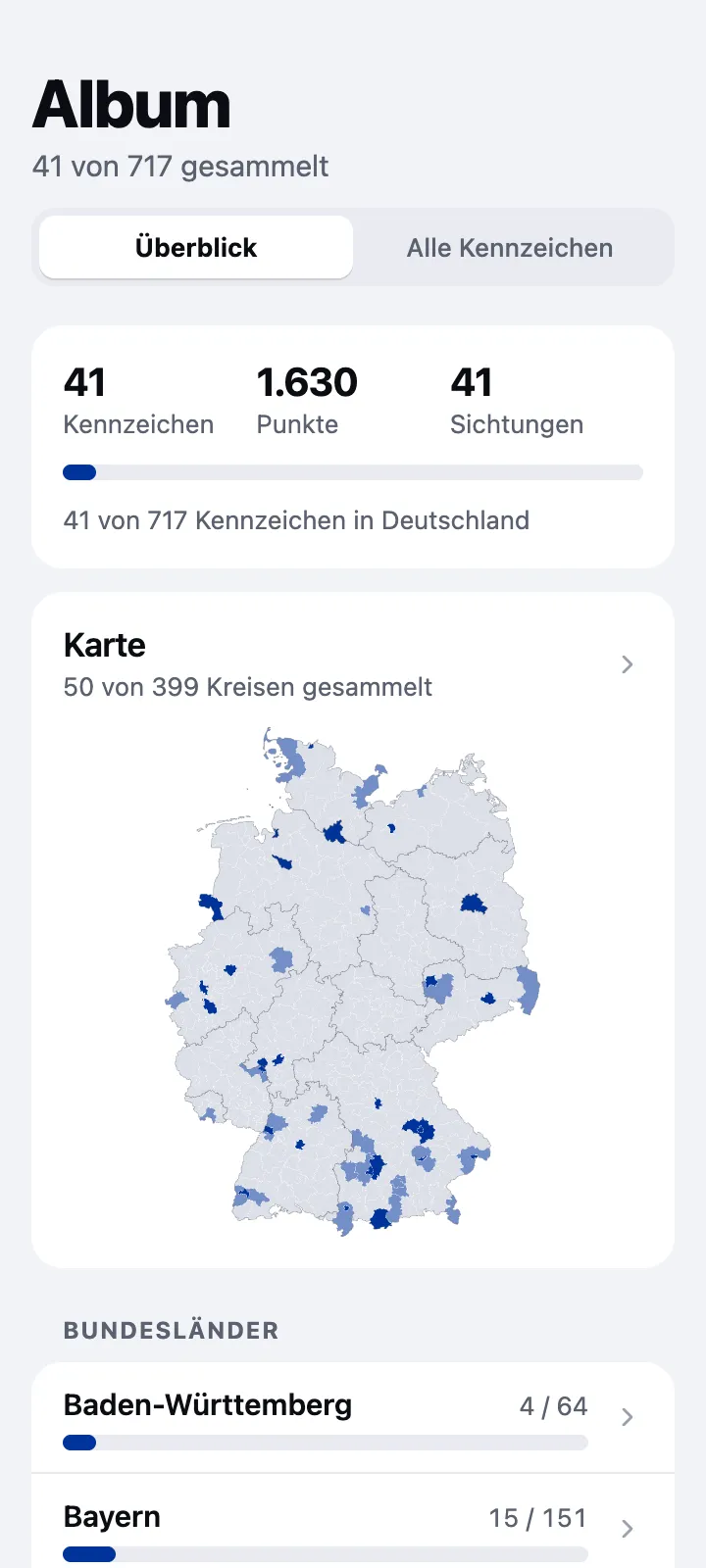 Album mit Deutschlandkarte und Fortschritt pro Bundesland