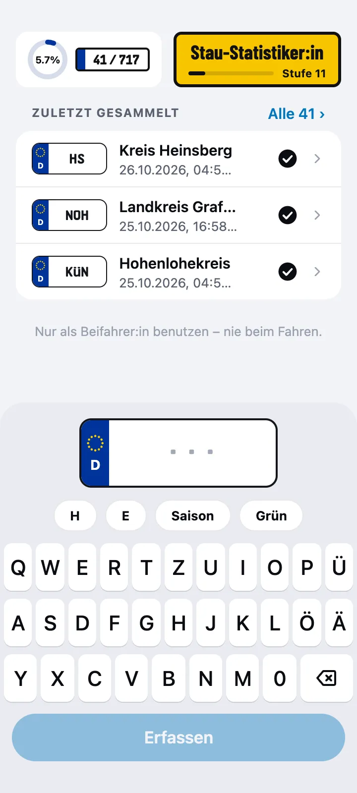 Startbildschirm mit Kürzel-Tastatur und den zuletzt gesammelten Kennzeichen